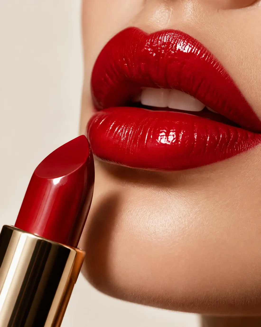 Close editorial de lábios com batom vermelho cereja